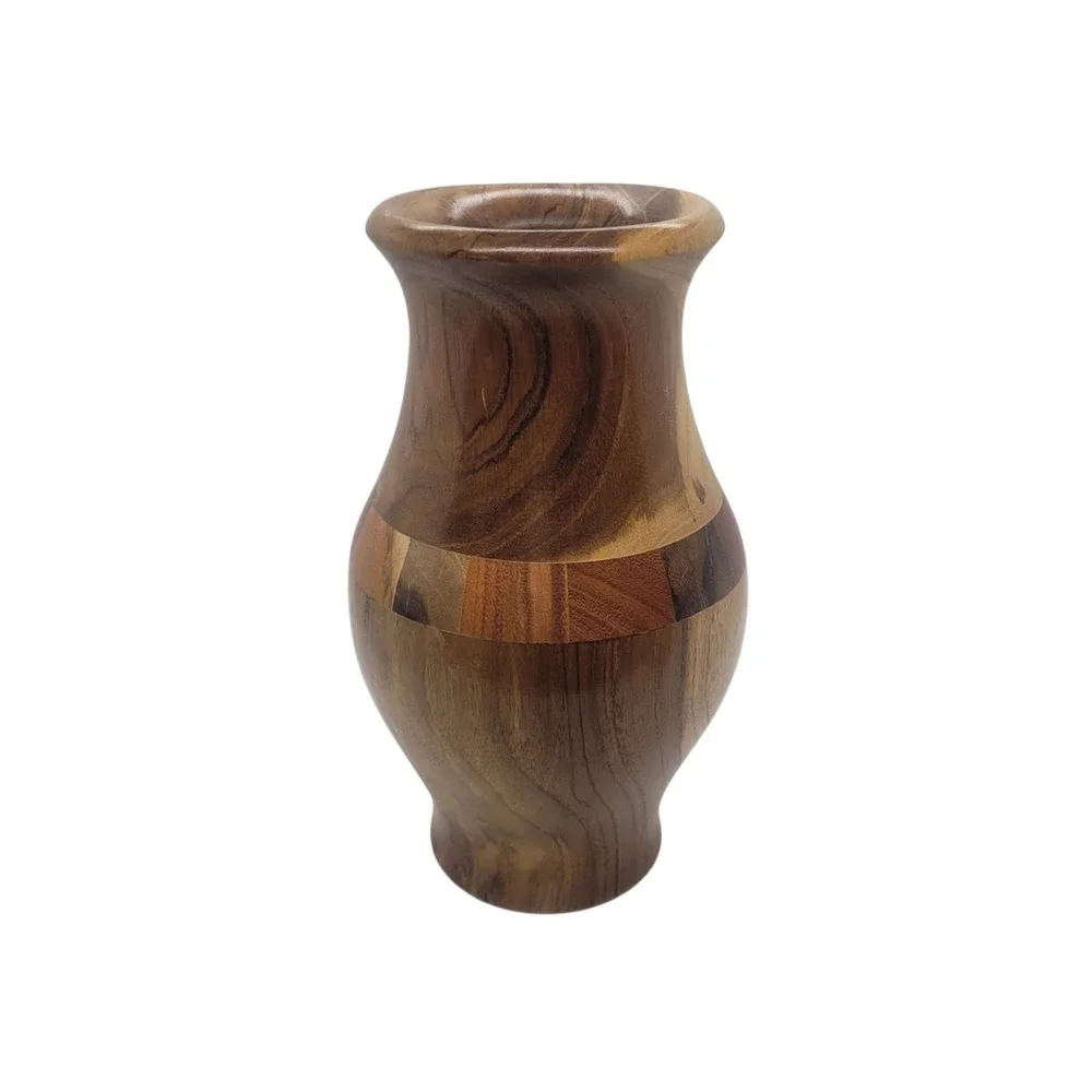 Handmade Segmented Wood Vase Artisan Turned Decorative Inlay Brown 8 inch